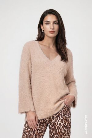 monari Flauschiger Strickpullover mit V-Ausschnitt